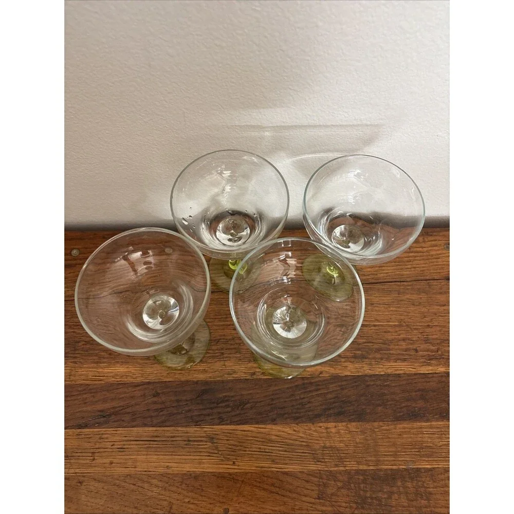 Vintage Libbey zig zag margarita glasses HAND BLOWN 10 Oz GREEN WAVE STEM 7